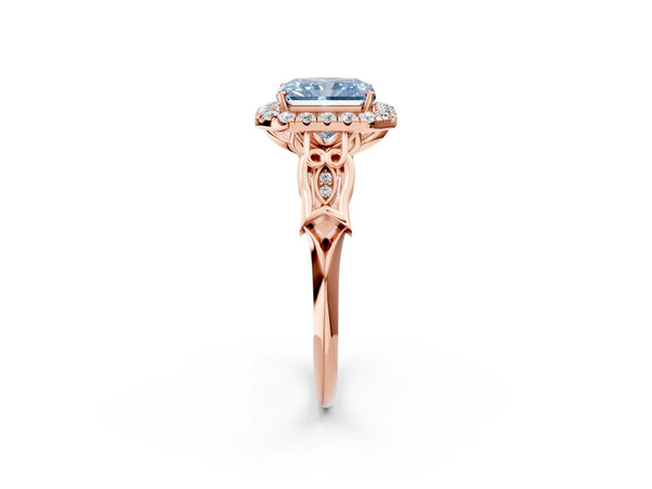 Rose gold Fancy Blue Radiant  Halo Diamond Engagement Ring with Filigree Band and Four-Prong Setting