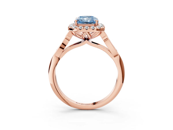 Rose gold Fancy Blue Radiant  Halo Diamond Engagement Ring with Filigree Band and Four-Prong Setting