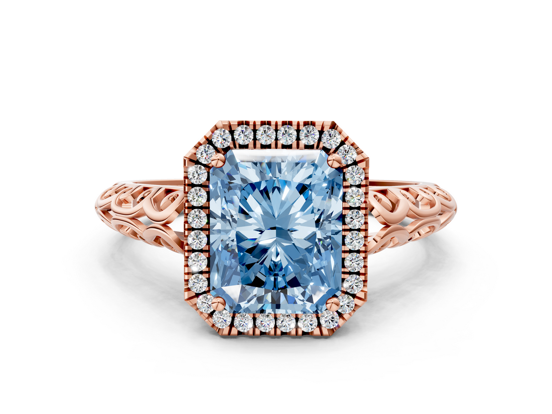 Rose gold Fancy Blue Radiant  Halo Diamond Engagement Ring with Intricate Filigree Band and Four-Prong Setting_54