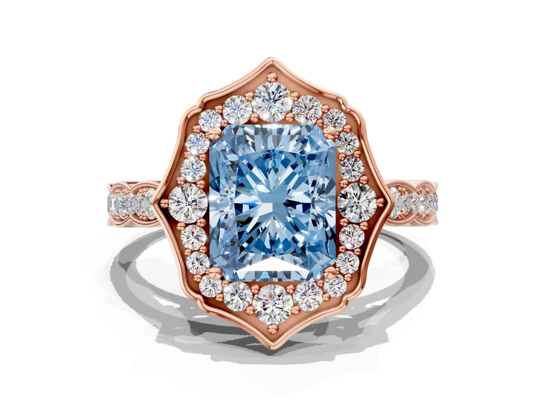 Rose gold Fancy Blue Radiant  Halo Diamond Engagement Ring with Milgrain Band and Four-Prong Setting_54