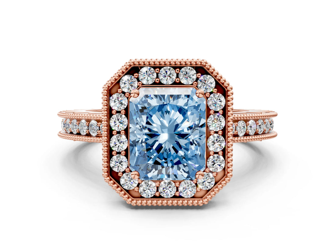Rose gold Fancy Blue Radiant  Halo Diamond Engagement Ring with Milgrain Pave Band and Four-Prong Setting_51