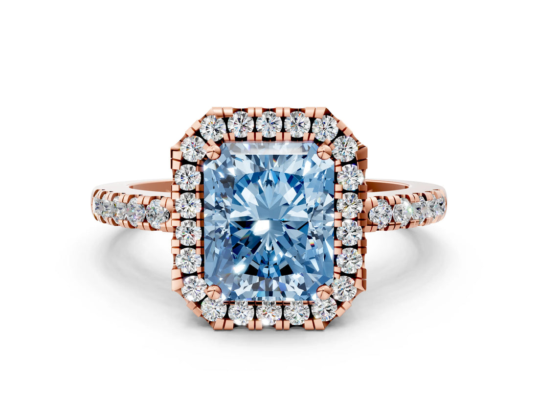 Rose gold Fancy Blue Radiant  Halo Diamond Engagement Ring with Pavé Band and Four-Prong Setting_141