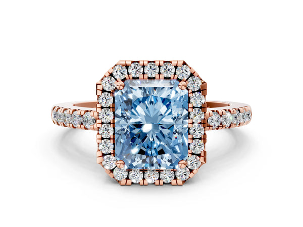 Rose gold Fancy Blue Radiant  Halo Diamond Engagement Ring with Pavé Band and Four-Prong Setting