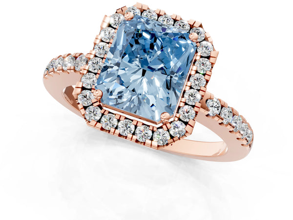 Rose gold Fancy Blue Radiant  Halo Diamond Engagement Ring with Pavé Band and Four-Prong Setting