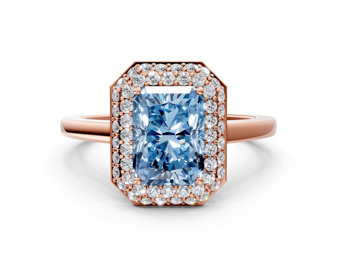 Rose gold Fancy Blue Radiant  Halo Diamond Engagement Ring with Solitaire Band and Four-Prong Setting_19