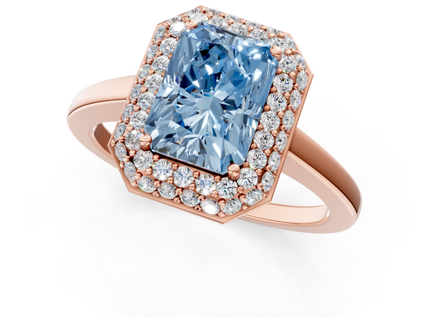 Rose gold Fancy Blue Radiant  Halo Diamond Engagement Ring with Solitaire Band and Four-Prong Setting