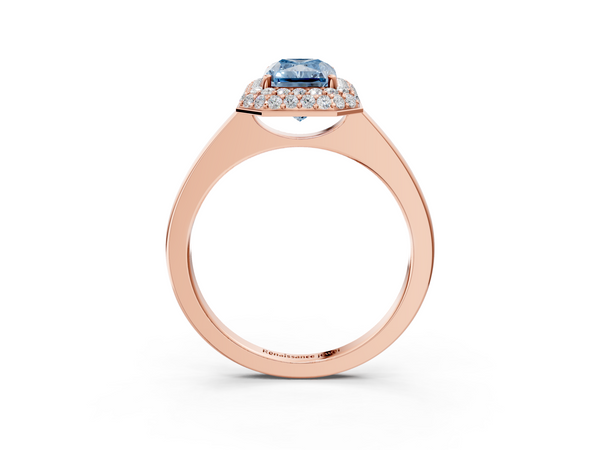 Rose gold Fancy Blue Radiant  Halo Diamond Engagement Ring with Solitaire Band and Four-Prong Setting