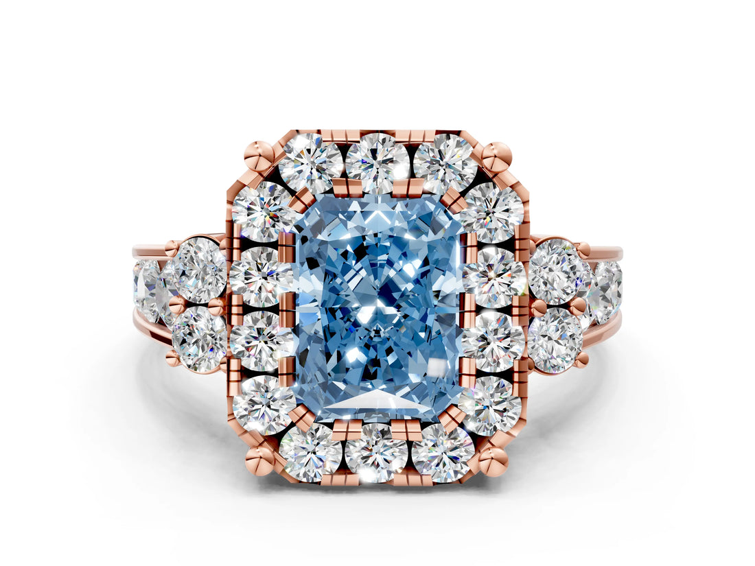 Rose gold Fancy Blue Radiant  Halo Diamond Engagement Ring with Split Shank and Four-Prong Setting