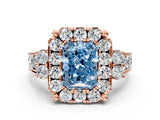 Rose gold Fancy Blue Radiant  Halo Diamond Engagement Ring with Split Shank and Four-Prong Setting