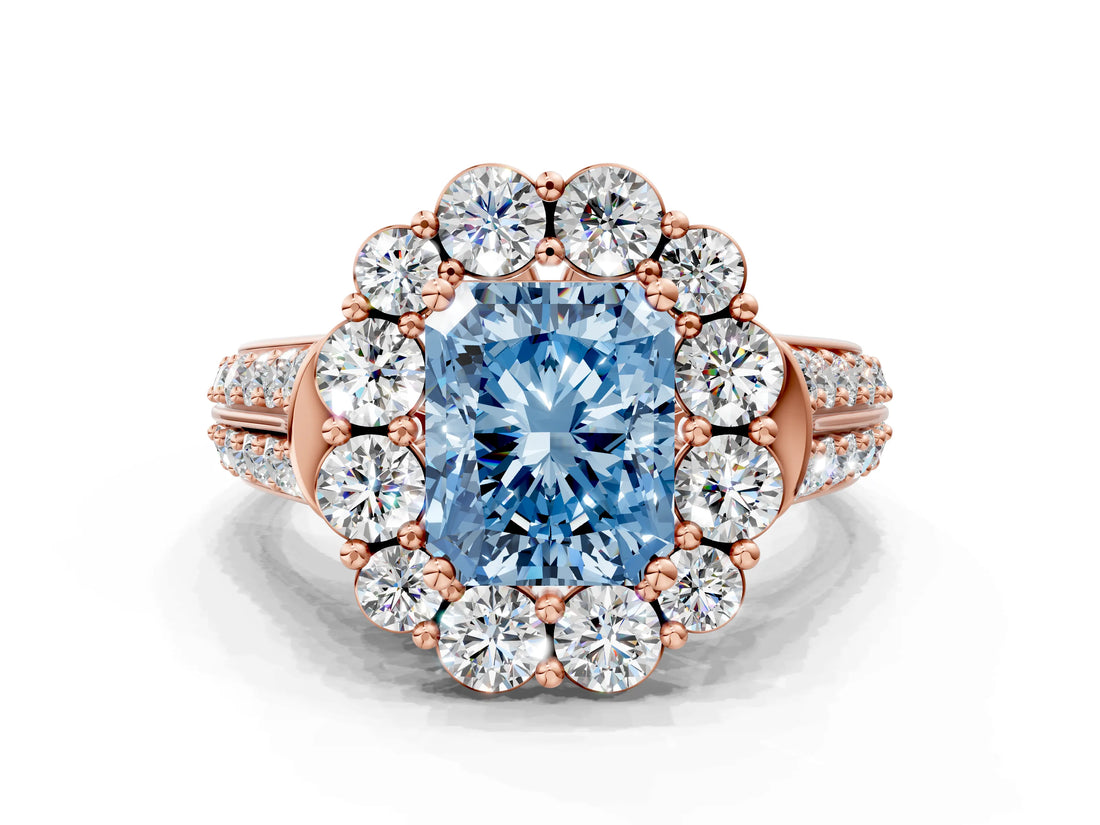 Rose gold Fancy Blue Radiant  Halo Diamond Engagement Ring with Split Shank and Prong Setting_66