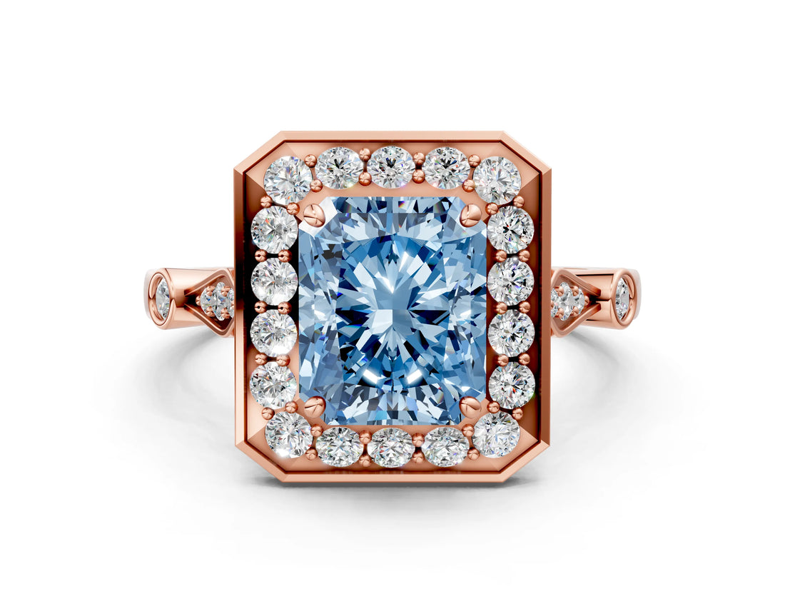 Rose gold Fancy Blue Radiant  Halo Diamond Engagement Ring with Twisted Band and Four-Prong Setting 2