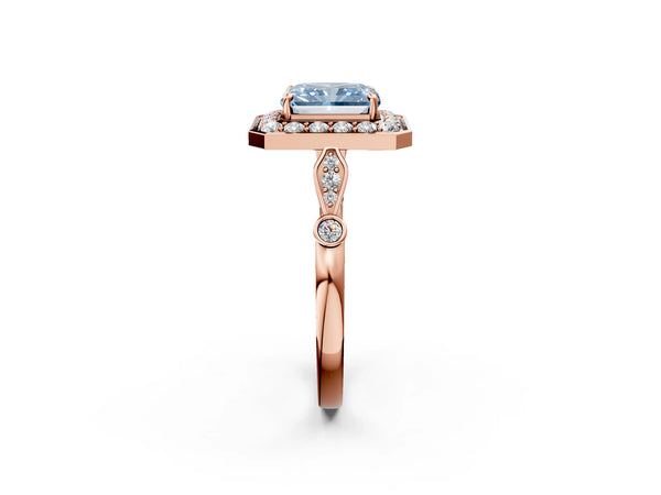 Rose Gold Radiant Cut Bezel Station Halo Engagement Ring Setting for Fancy Blue Center