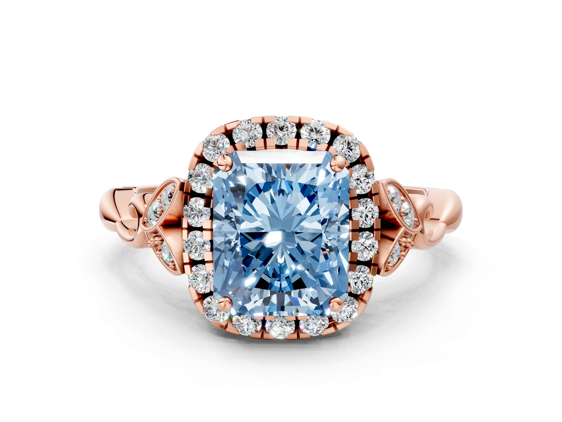 Rose gold Fancy Blue Radiant  Halo Diamond Engagement Ring with Vintage-Inspired Band and Four-Prong Setting_3