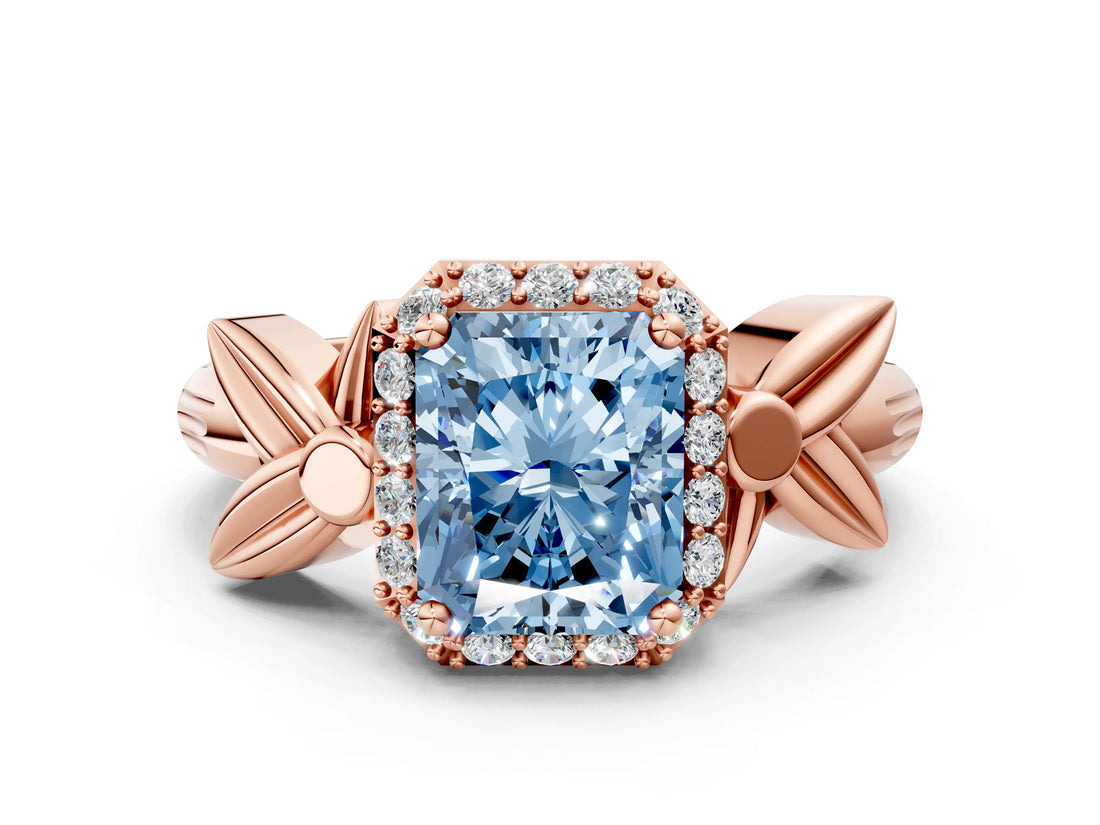 Rose gold Fancy Blue Radiant  Halo Diamond Floral Band with Four-Prong Setting_55
