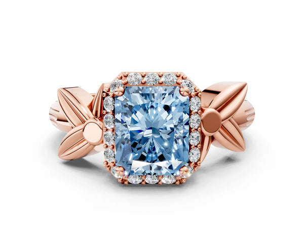 Rose gold Fancy Blue Radiant  Halo Diamond Floral Band with Four-Prong Setting