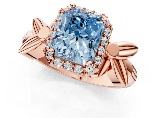 Rose gold Fancy Blue Radiant  Halo Diamond Floral Band with Four-Prong Setting