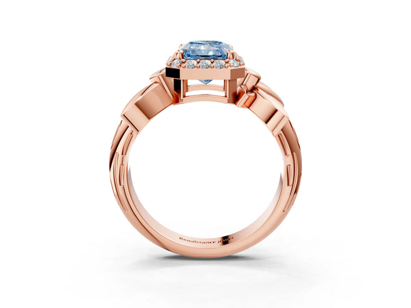 Rose gold Fancy Blue Radiant  Halo Diamond Floral Band with Four-Prong Setting