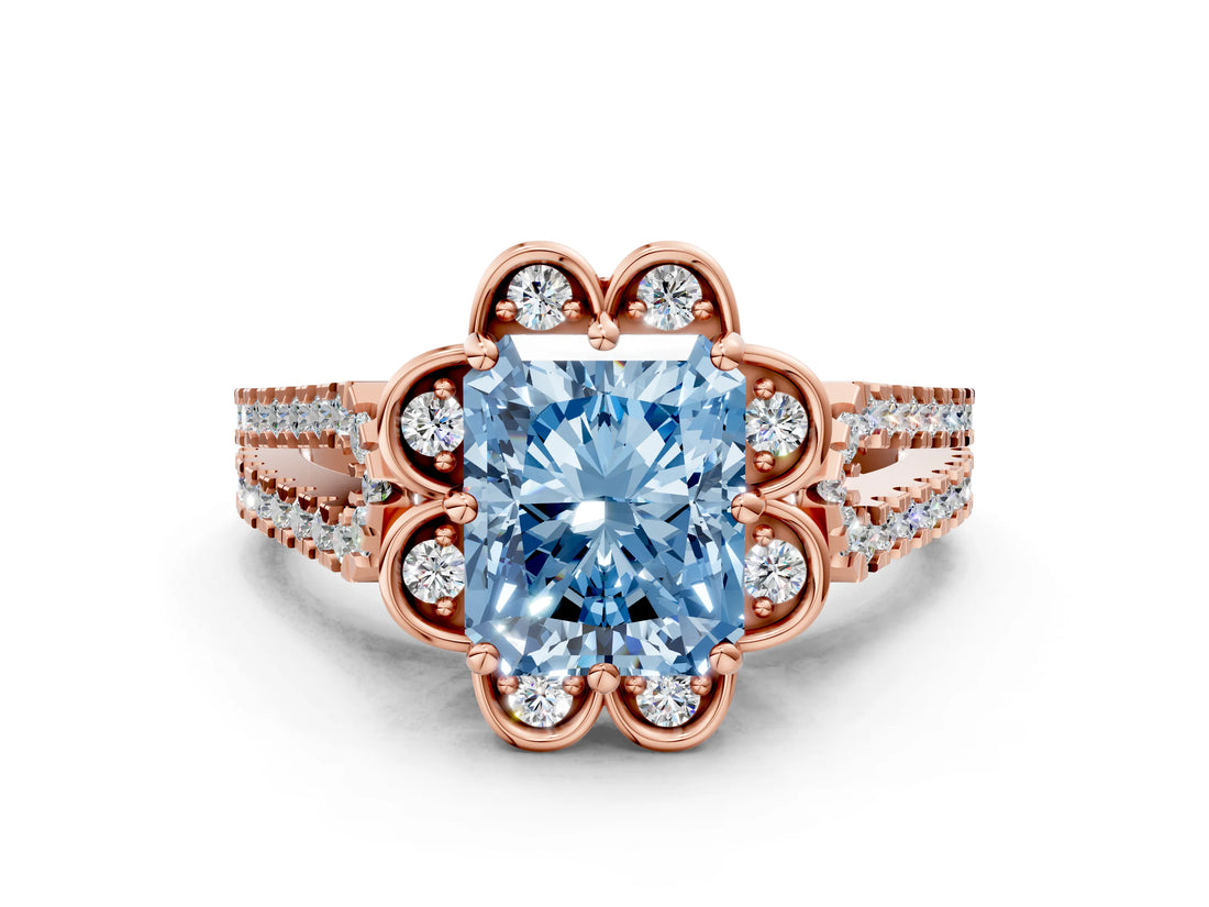 Rose gold Fancy Blue Radiant  Halo Diamond Floral Split Shank Engagement Ring