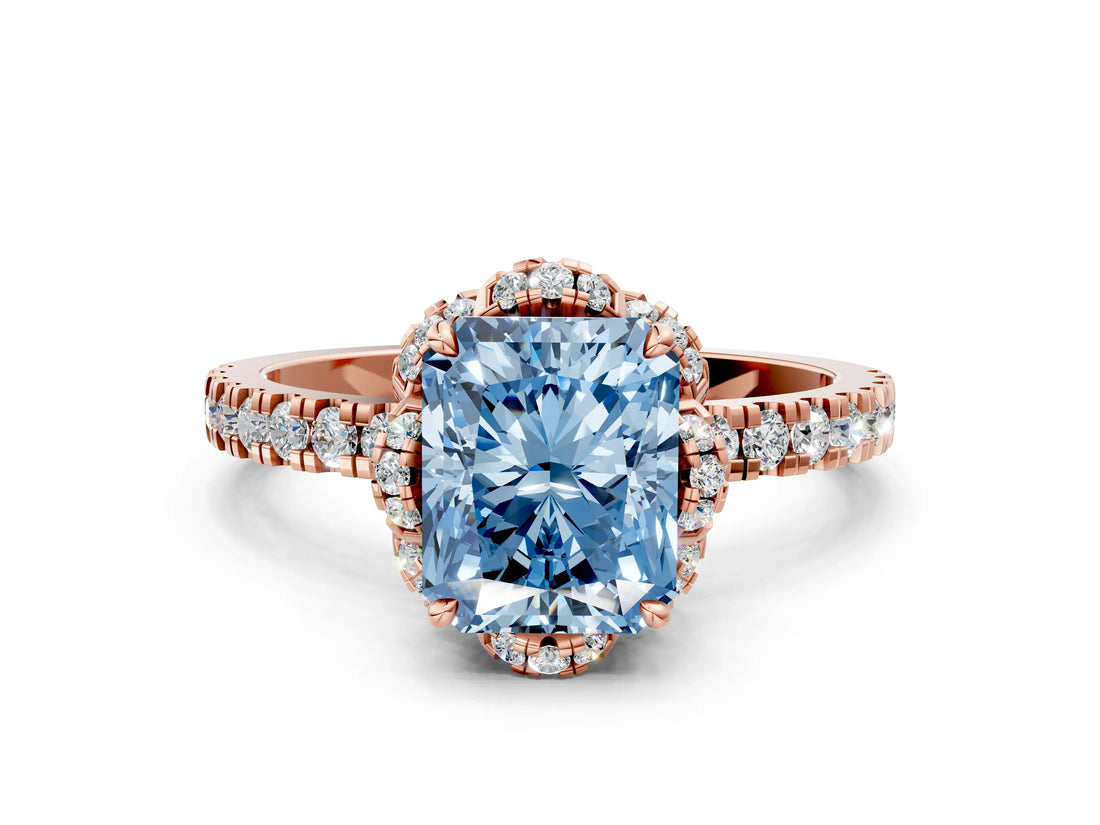 Rose gold Fancy Blue Radiant  Halo Diamond Pave Band Ring with Four-Prong Setting_15