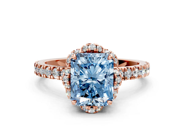 Rose gold Fancy Blue Radiant  Halo Diamond Pave Band Ring with Four-Prong Setting