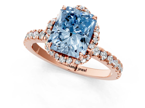 Rose gold Fancy Blue Radiant  Halo Diamond Pave Band Ring with Four-Prong Setting