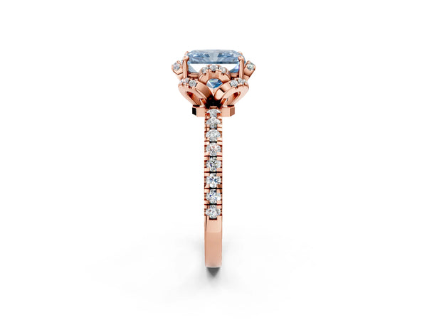Rose gold Fancy Blue Radiant  Halo Diamond Pave Band Ring with Four-Prong Setting