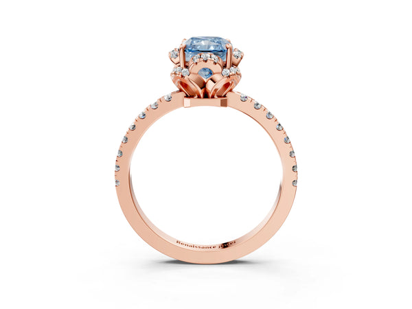 Rose gold Fancy Blue Radiant  Halo Diamond Pave Band Ring with Four-Prong Setting
