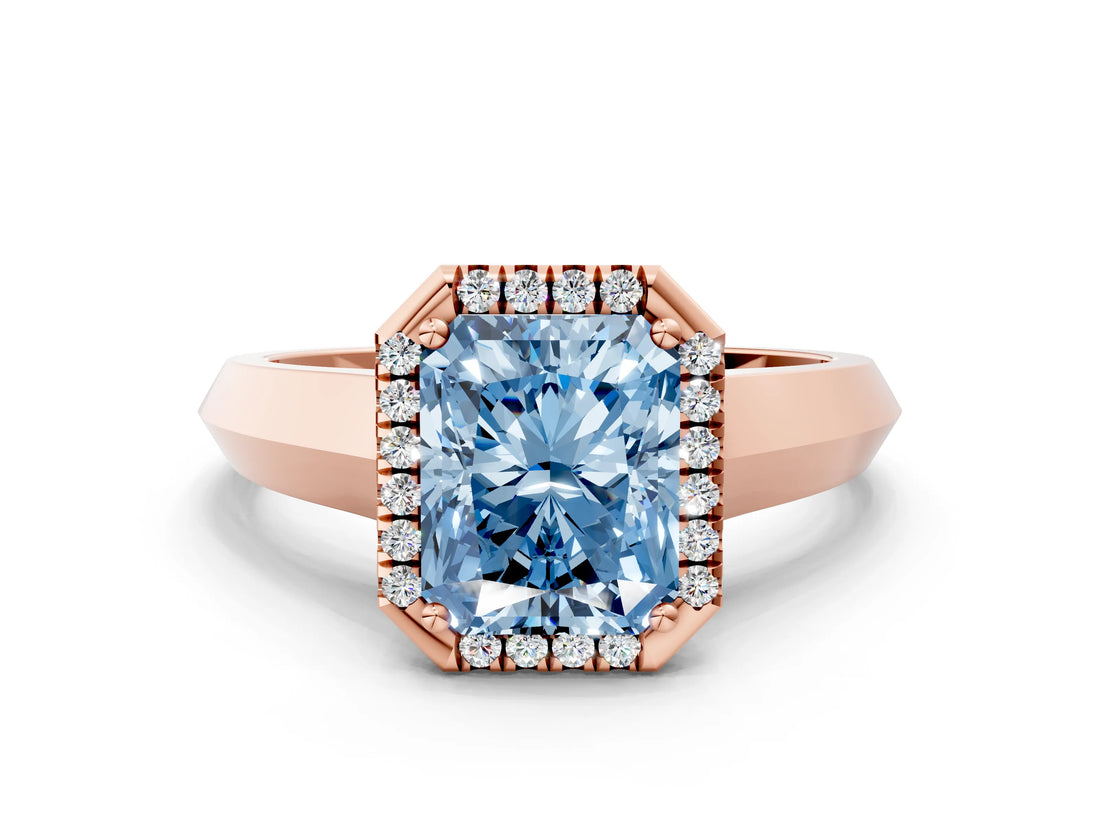 Rose gold Fancy Blue Radiant  Halo Diamond Ring with Cathedral Band and Four-Prong Setting_49