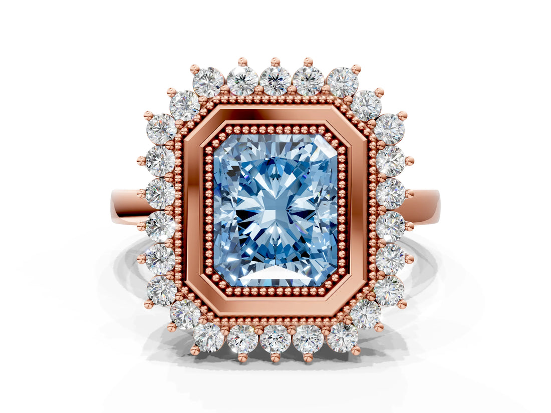 Rose gold Fancy Blue Radiant  Halo Diamond Ring with Milgrain Edge and Round Prong Setting_26