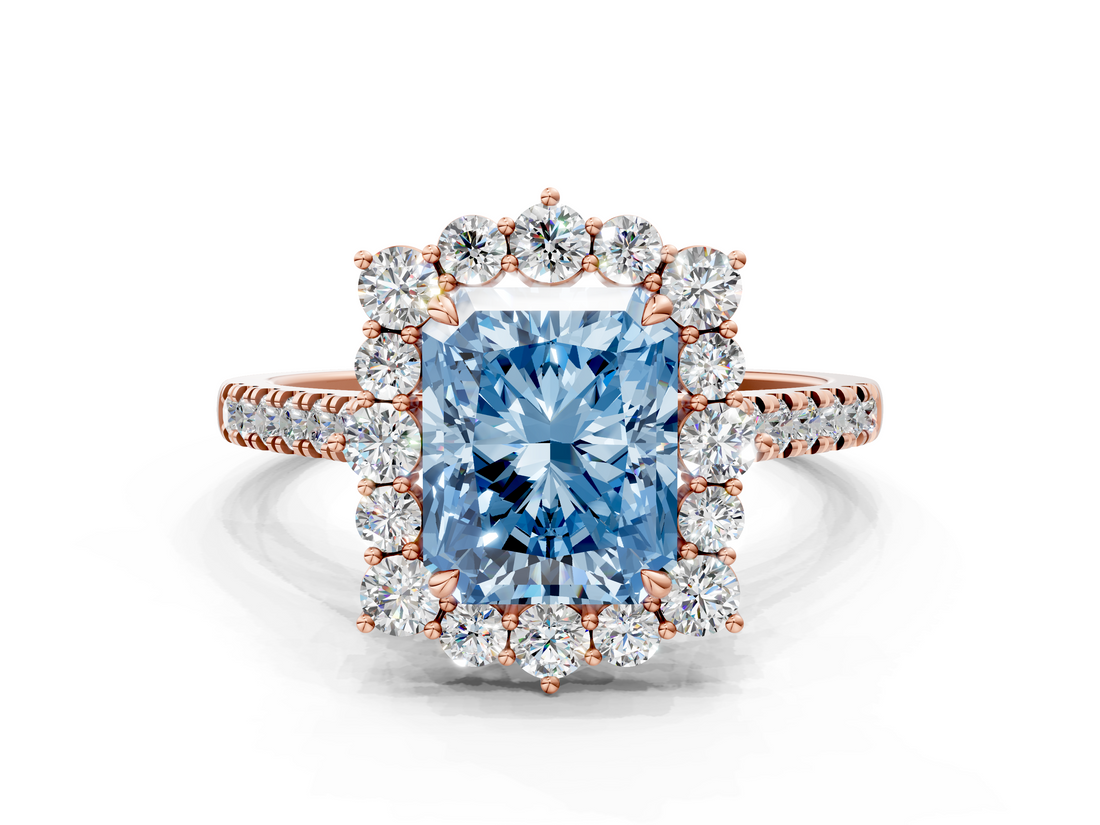 Rose gold Fancy Blue Radiant  Halo Diamond Ring with Pavé Band and Prong Setting_36