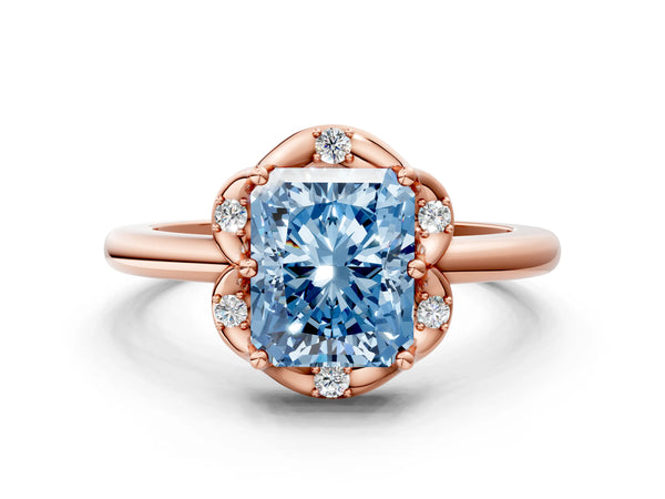 Rose gold Fancy Blue Radiant  Halo Diamond Ring with Round Cluster Setting, Solitaire Band, and Four-Prong Setting