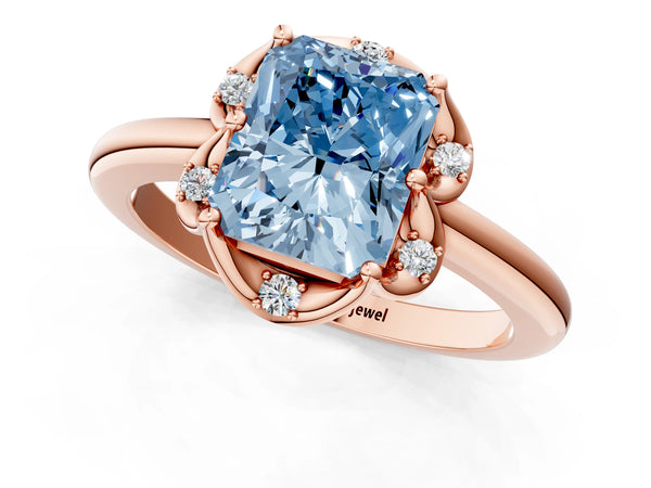 Rose gold Fancy Blue Radiant  Halo Diamond Ring with Round Cluster Setting, Solitaire Band, and Four-Prong Setting