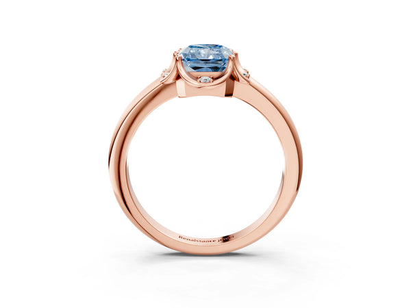 Rose gold Fancy Blue Radiant  Halo Diamond Ring with Round Cluster Setting, Solitaire Band, and Four-Prong Setting