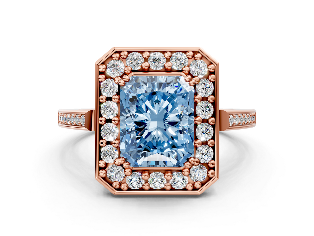 Rose gold Fancy Blue Radiant  Halo Diamond Ring with Split Shank and Four-Prong Setting_74