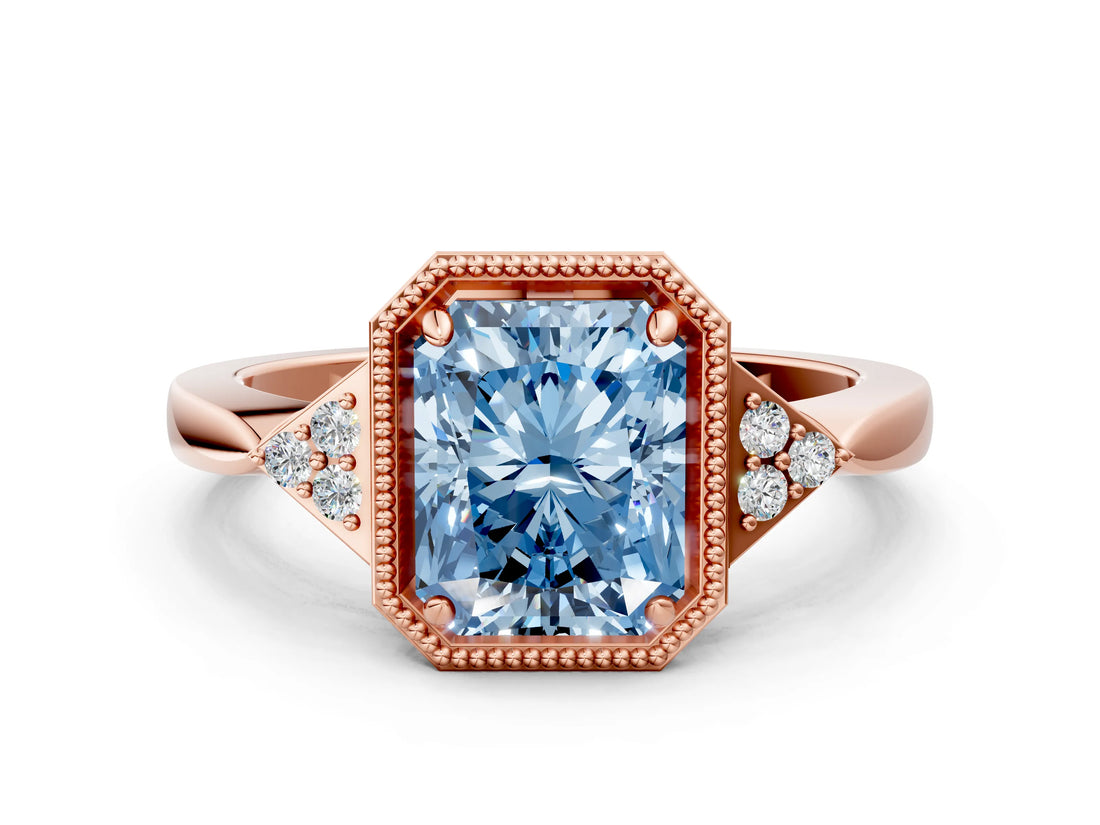Rose gold Fancy Blue Radiant  Halo Diamond Ring with Tapered Band and Four-Prong Setting_3