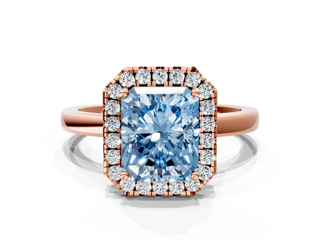 Rose gold Fancy Blue Radiant  Halo Diamond Solitaire with Pavé Band and Four-Prong Setting_114