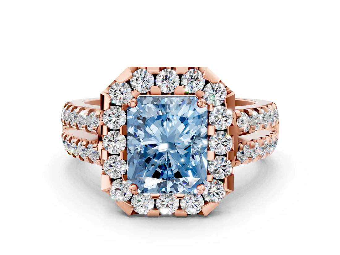 Rose gold Fancy Blue Radiant  Halo Diamond Split Shank Engagement Ring with Prong Setting_51