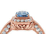 Rose gold Fancy Blue Radiant  Halo Diamond Split Shank Ring with Milgrain Detail_72
