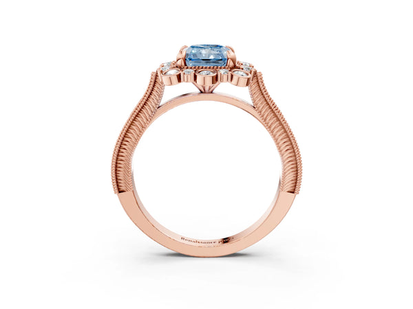 Rose gold Fancy Blue Radiant  Halo Milgrain Pave Diamond Ring with Four-Prong Setting