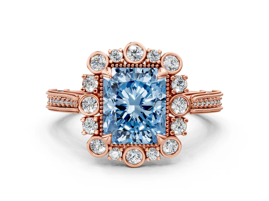 Rose gold Fancy Blue Radiant  Halo Milgrain Pave Diamond Ring with Four-Prong Setting