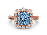 Rose gold Fancy Blue Radiant  Halo Milgrain Pave Diamond Ring with Four-Prong Setting