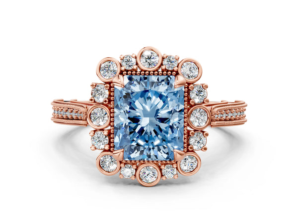 Rose gold Fancy Blue Radiant  Halo Milgrain Pave Diamond Ring with Four-Prong Setting
