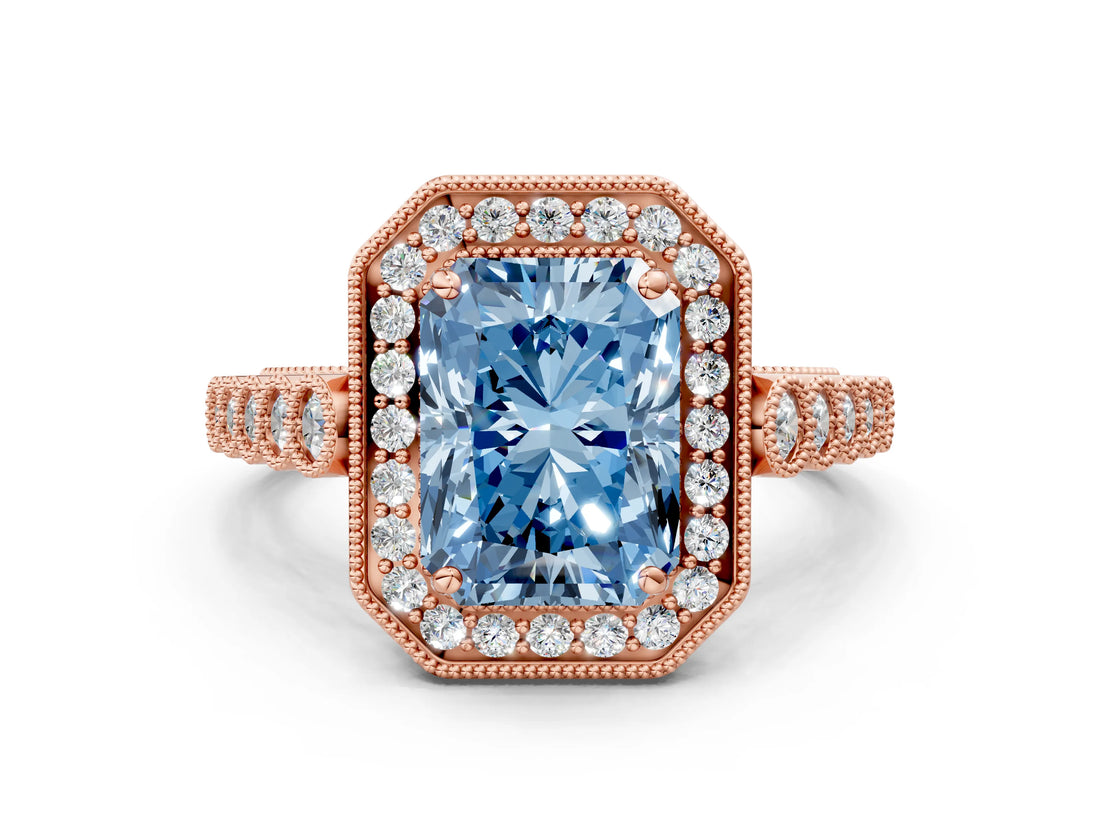 Rose gold Fancy Blue Radiant  Halo Milgrain Solitaire with Bezel Set Side Stones and Pave Band_32