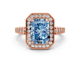 Rose gold Fancy Blue Radiant  Halo Milgrain Solitaire with Bezel Set Side Stones and Pave Band_32