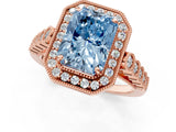 Rose gold Fancy Blue Radiant  Halo Milgrain Solitaire with Bezel Set Side Stones and Pave Band_33