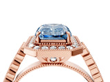 Rose gold Fancy Blue Radiant  Halo Milgrain Solitaire with Bezel Set Side Stones and Pave Band_36