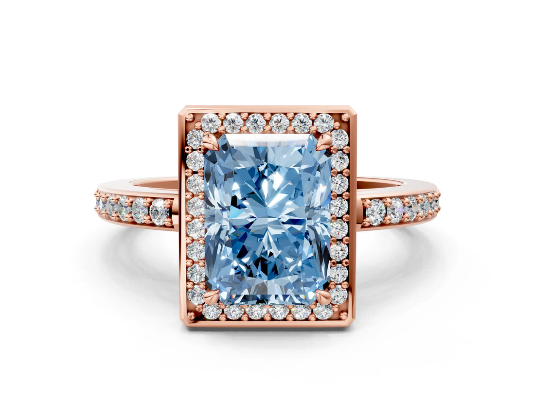 Rose gold Fancy Blue Radiant  Halo Pave Band Solitaire Ring with Prong Setting_66
