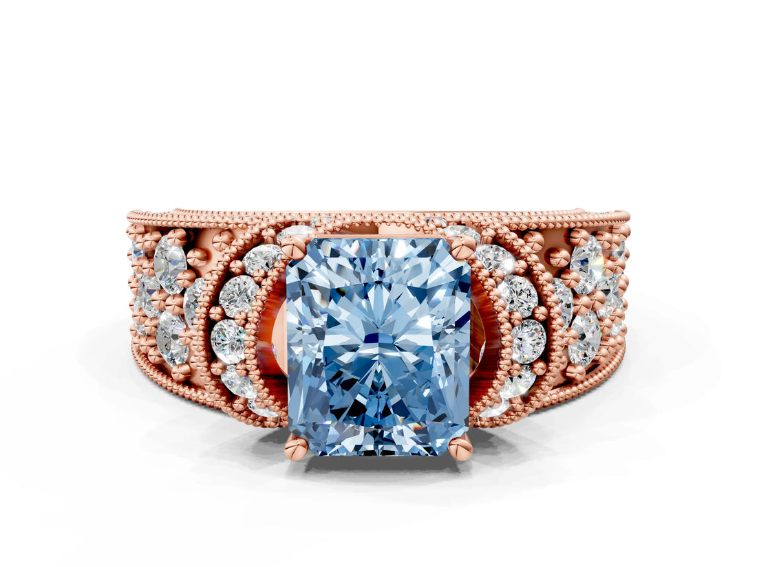 Rose gold Fancy Blue Radiant  Halo Pave Diamond Engagement Ring with Milgrain Detailing_49