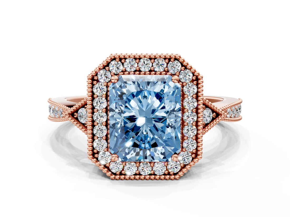 Rose gold Fancy Blue Radiant  Halo Round Diamond Milgrain Pave Engagement Ring_3