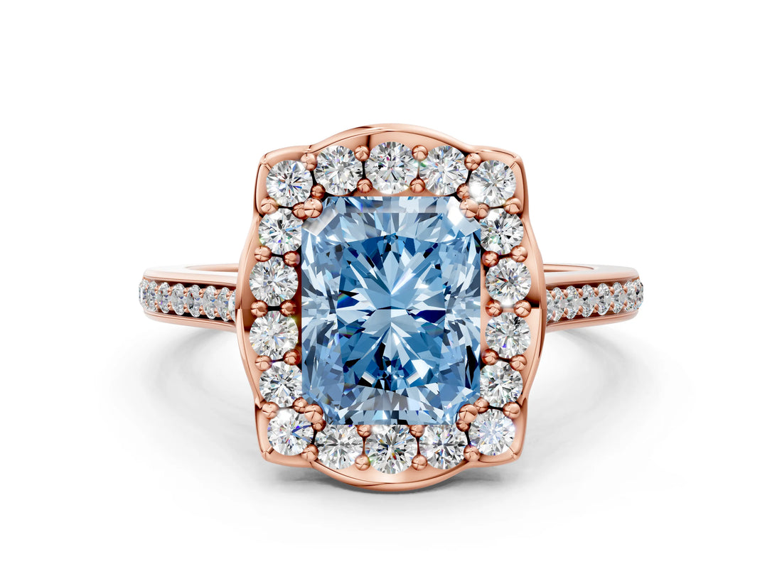 Rose gold Fancy Blue Radiant  Halo Round Diamond Pave Band with Four-Prong Setting_38
